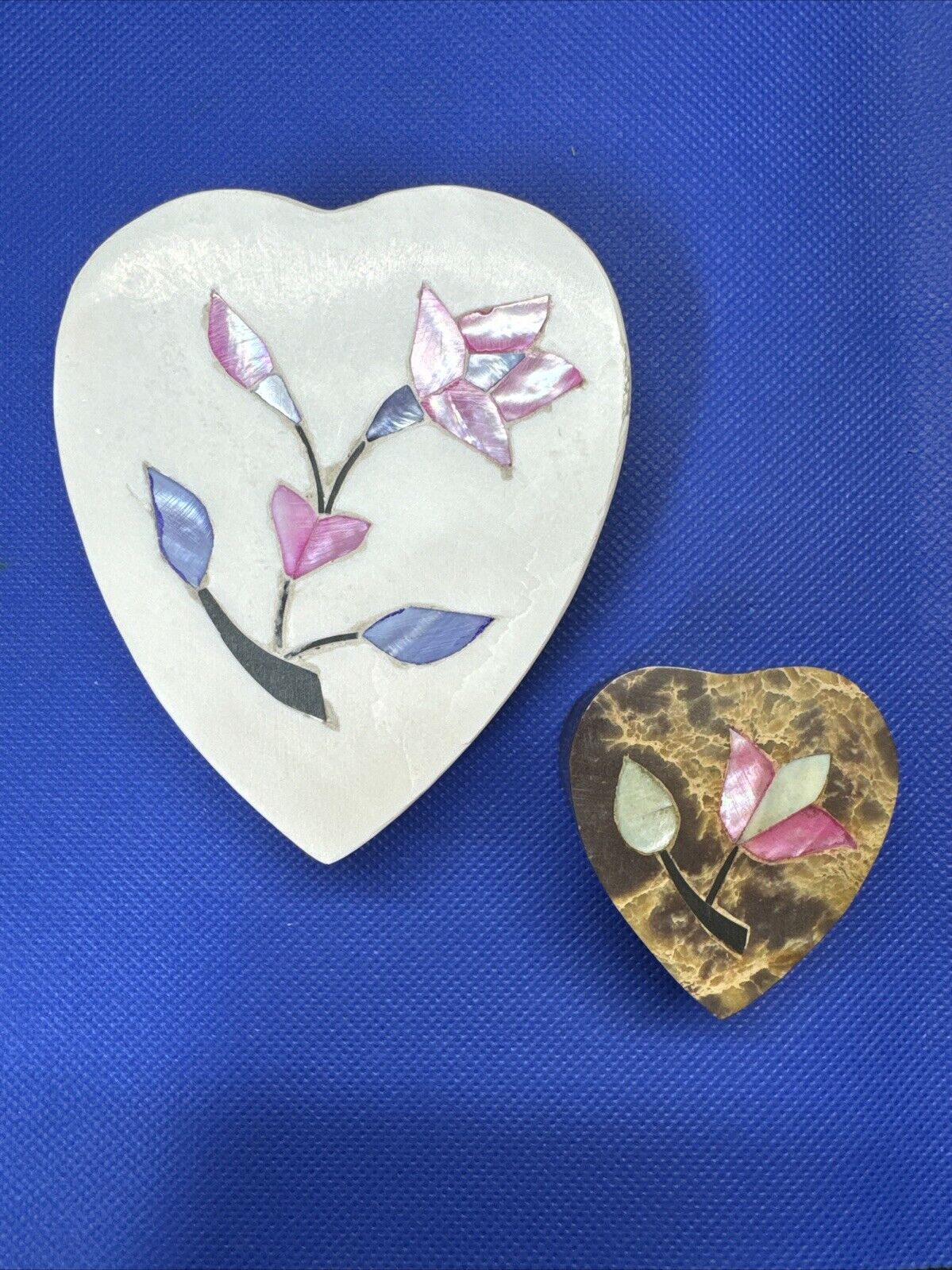 Vintage Heart Shaped Marble Stone Trinket Boxes/ Lot Of 2