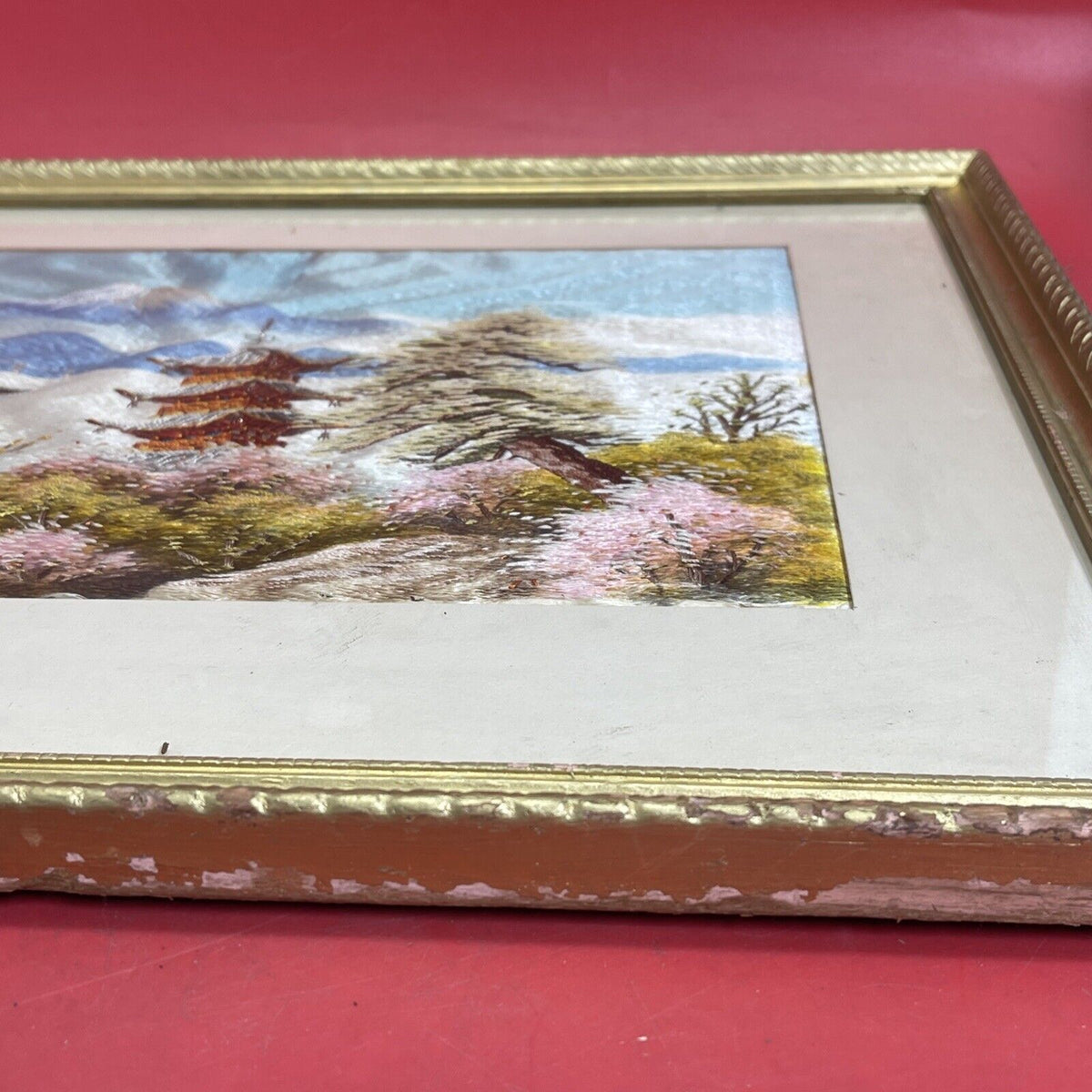 Vintage Silk Embroidered picture Japanese Landscape frame