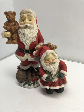 12", 8” Resin Jolly Santa Claus Figurine Holding Teddy Bear With Toys 2Set