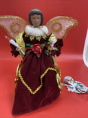 Vintage Lighted Angel Christmas Tree Topper Gold & Red 10”