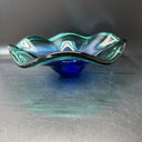 Vintage Murano-Style Cobalt Blue with Green Edges Art Glass Wave Ruffle Bowl 10"