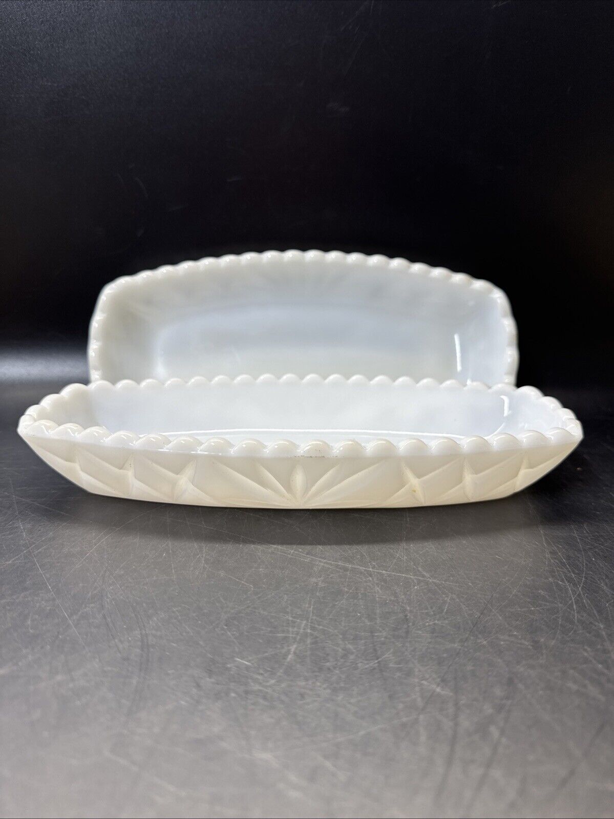 Vintage White Milk Glass 9 1/2" Relish Candy Butter dish/ Lot Of 2