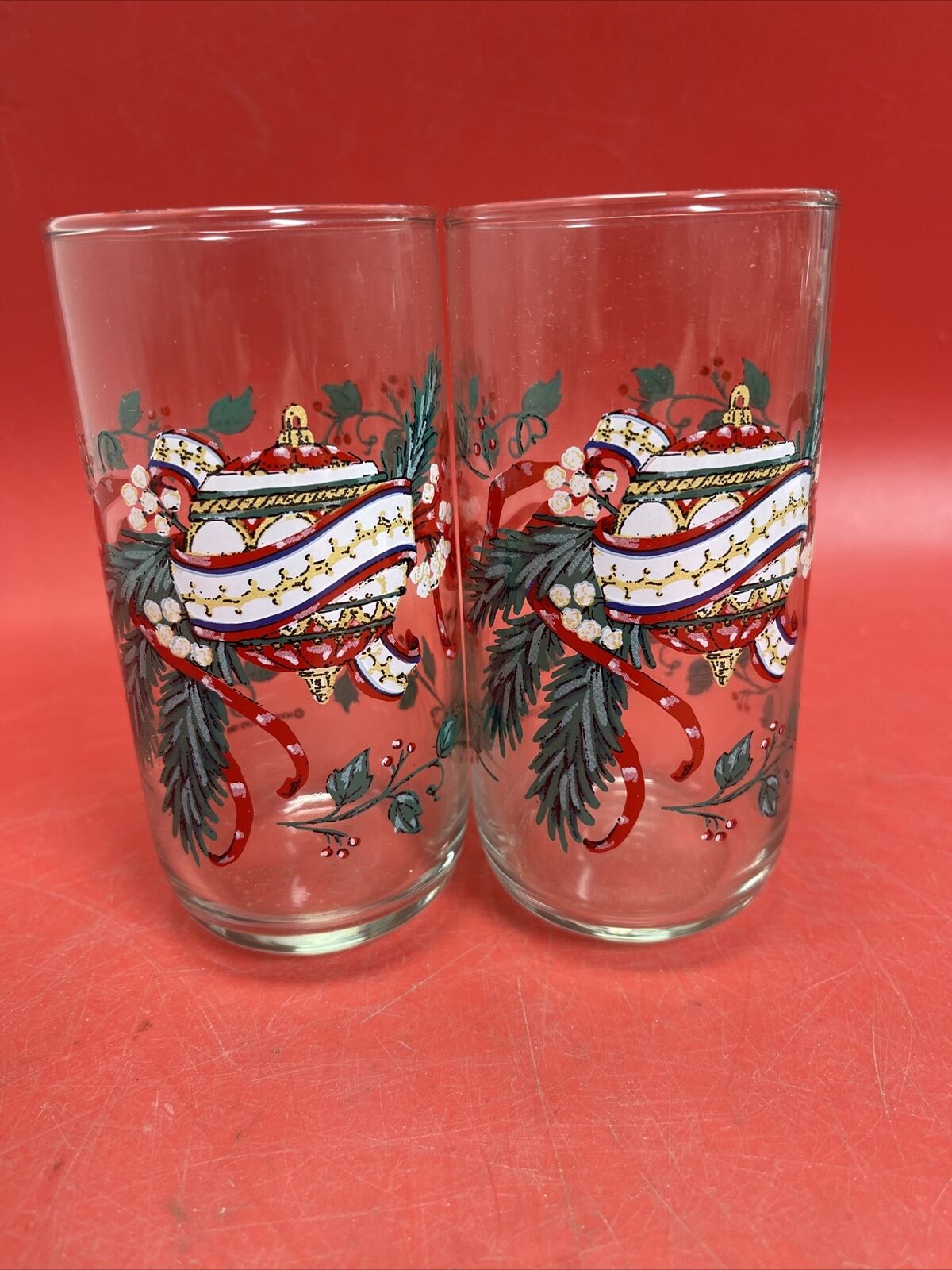 House of Lloyd Glass Christmas Tumbler (s) LOT OF 6 Ornament Bows and Ivy 1993