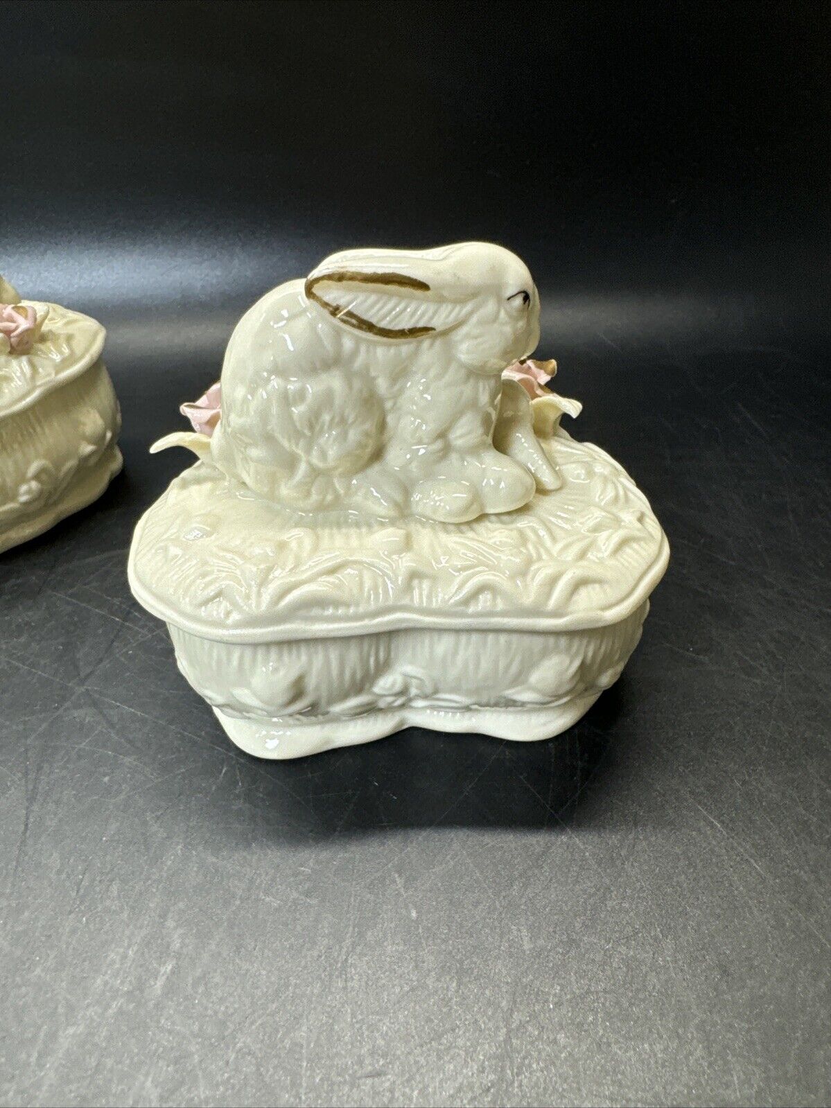 Heart Shape Trinket Box With Bunnies and Flowers/ Lot Of 2