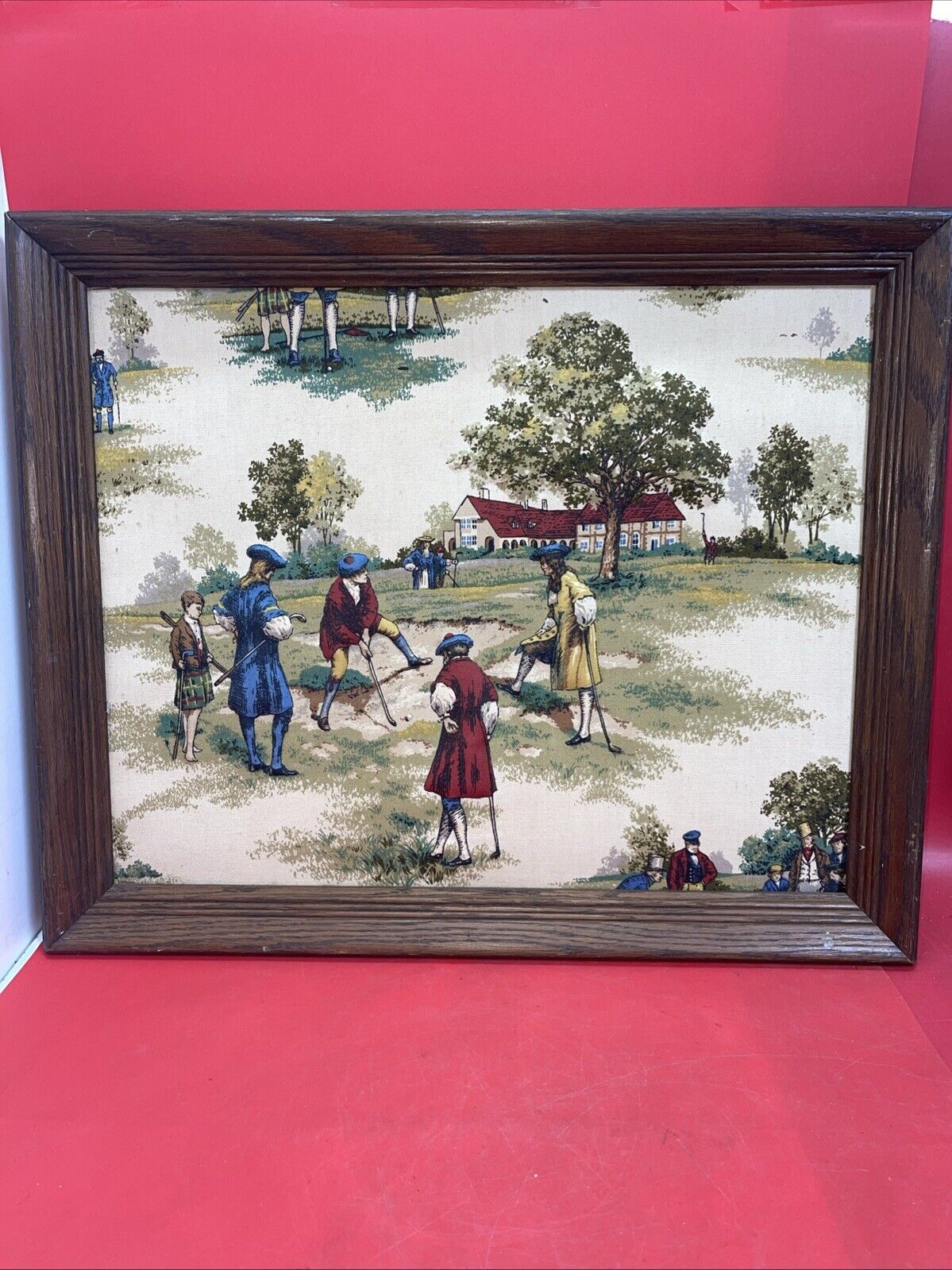 Framed sample of antique house and home textile, Golf in the Colonial Era