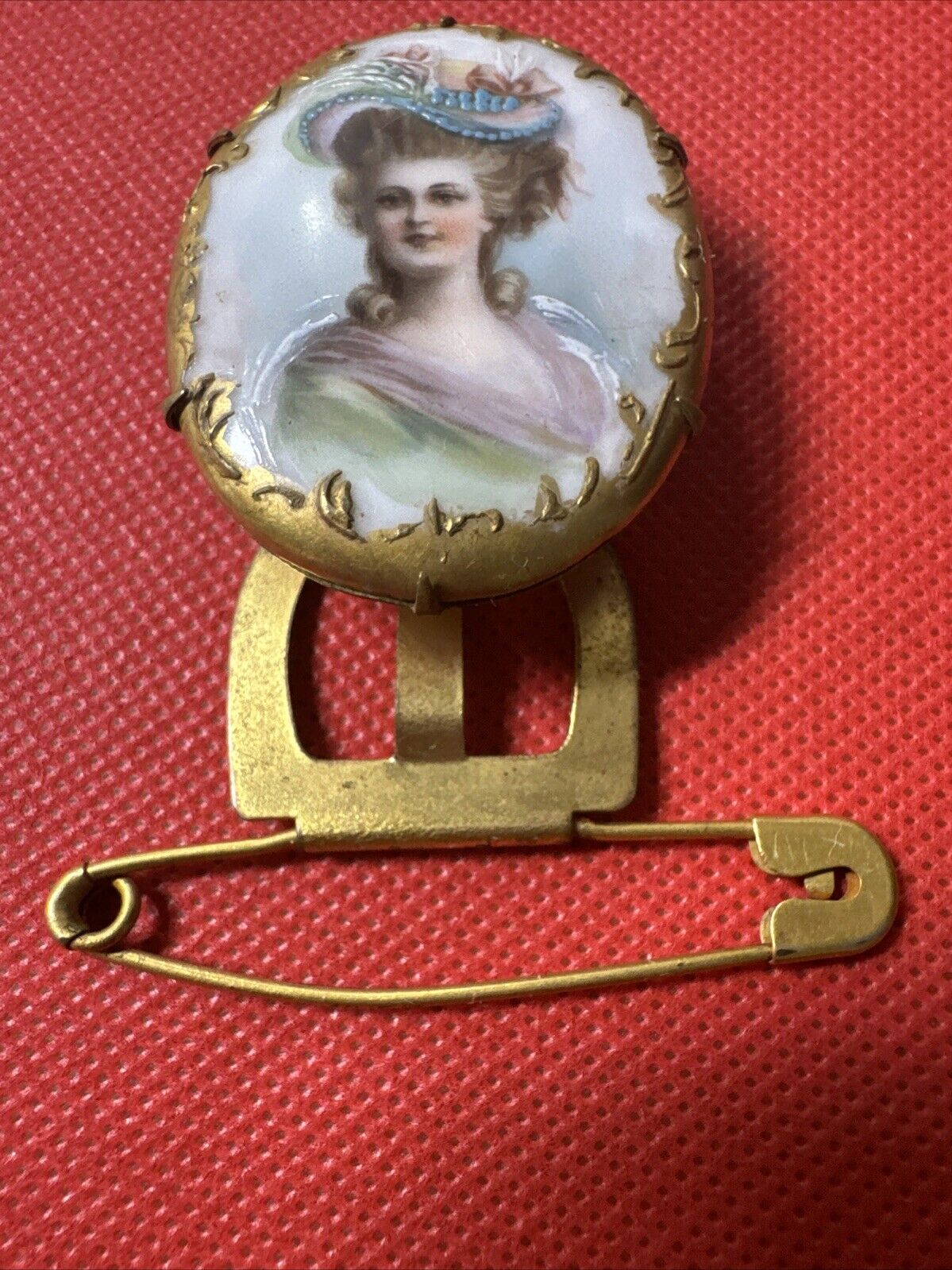 Antique Porcelain Pin Lovely Lady Hand Painted Pink Blue Gold Back Lovely