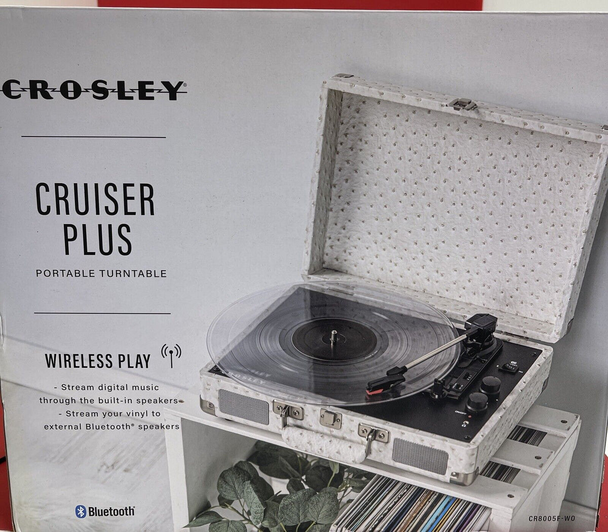 Crosley Cruiser Plus Portable Turntable Built Speakers Bluetooth WHITE OSTRICH
