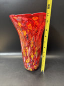 Murano Vase Made In Italy Red Millefiori Hand Blown Glass Heavy Vase 11" Tall