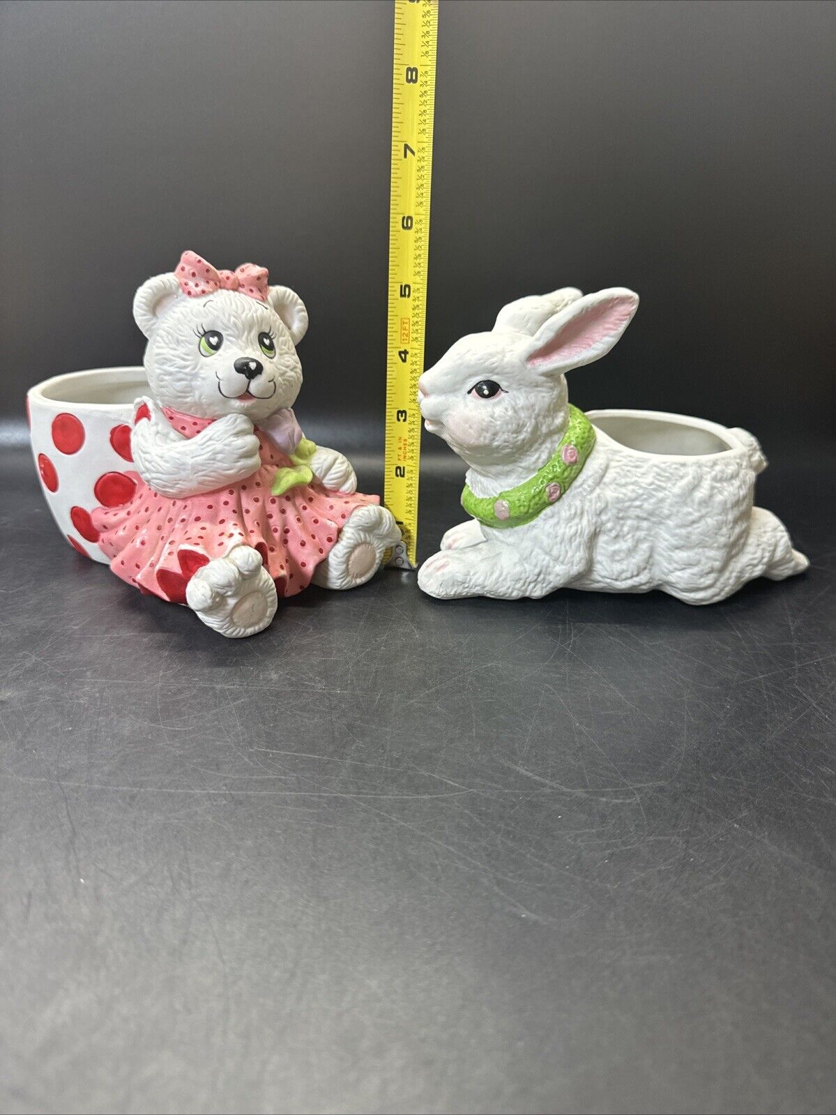 Vintage Teddy Bear And Bunny Pottery Ceramic Planters Set
