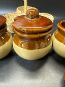 Vintage Rattan Condiment Caddy w/ 3 Stoneware Crocks