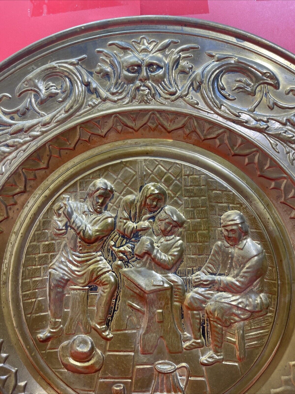 Vintage 22.5” Peerage Brass Relief Repousse Wall Hanging Plaque of Pub Scene