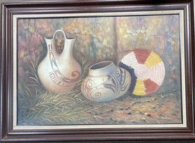 Original Native American Southwest Pottery Canvas Oil Painting Signed Santana