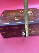 Vintage Handmade Inlaid Wood Jewelry Box W/Key,Gold Inlaid Design,10"x 7"x4"