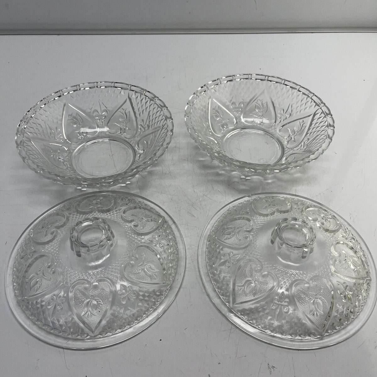 Vintage 1970s KIG Indonesia  LA FLEUR HEART Embossed Glass Candy Dish /set 2