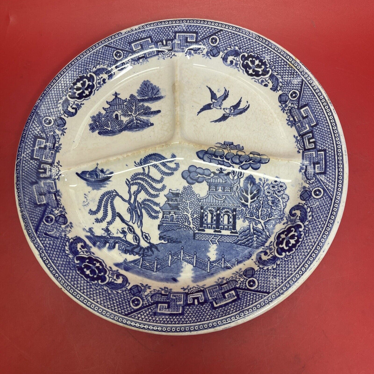 Antique 1890s Petrus Regout Maastricht Blue White Willow Divided Plate 11 1/4"