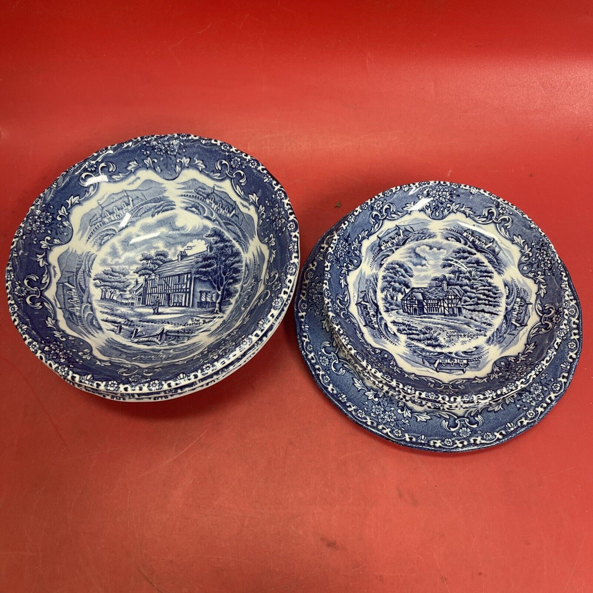 Vintage Grindley English Country Inns Blue & White Coupe Cereal Plates Lot 8