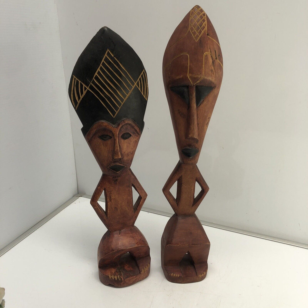 Pair Of Two Odd Wood Sculptures Figures  vintage Hand Crafted