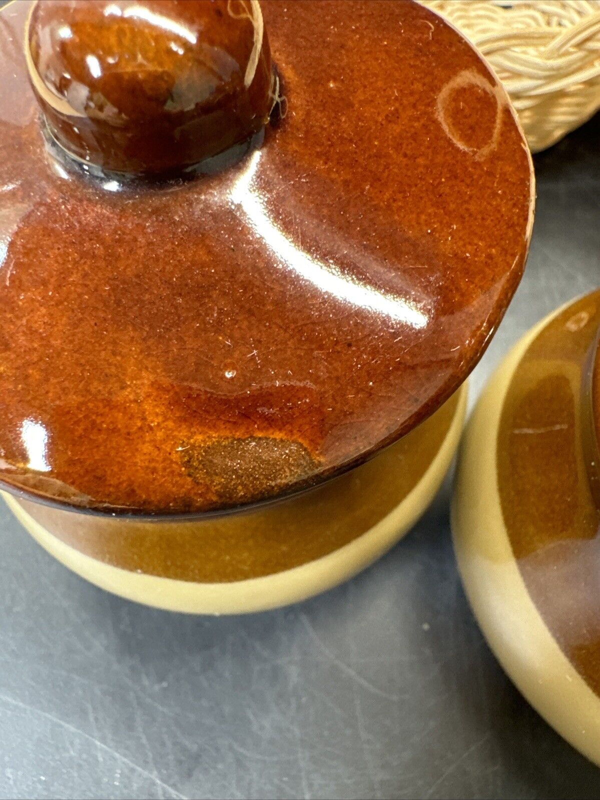 Vintage Rattan Condiment Caddy w/ 3 Stoneware Crocks