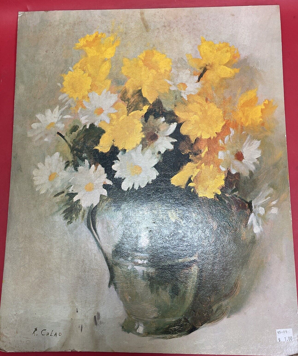 Vintage Still Life Rudolph Colao Daisies Art P litho 20" x 16" on board