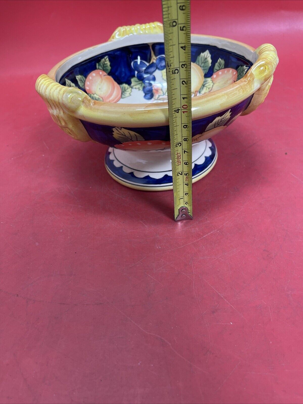 Vintage Hand Painted Ceramic Pedestal Fruit Bowl 8 in Diameter 4.5 in Tall