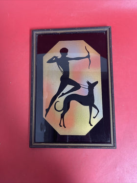 Antique Art Deco Silhouette Diana Huntress Archer Greyhound Framed Reverse Paint