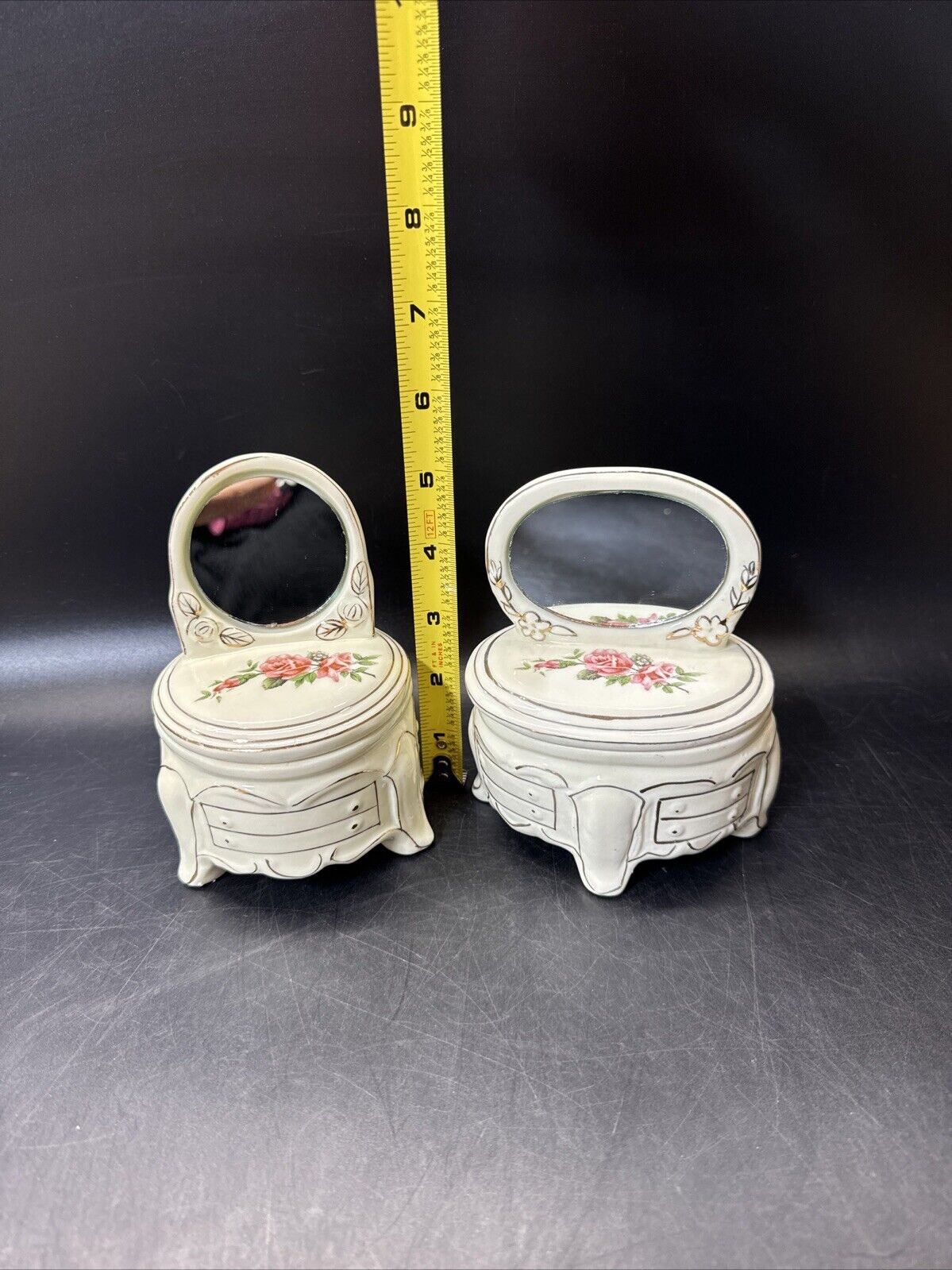 Dresser Jewelry Trinket Vanity Set 2- Mirrors Lidded Footed Floral Porcelain