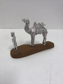 Vintage Set Silver Camel & Man Statue on Wood Stand Sculpture Figurine