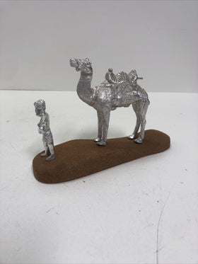 Vintage Set Silver Camel & Man Statue on Wood Stand Sculpture Figurine