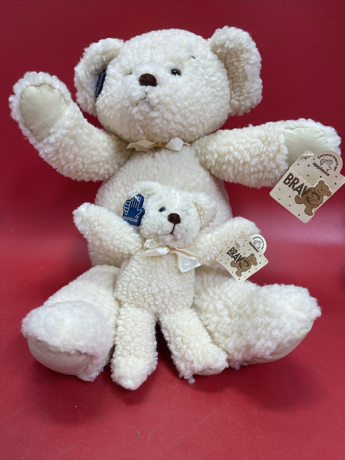 VINTAGE 86 APPLAUSE Bravo Series "Waffles" TEDDY BEAR Cream White With Bow Lot 2