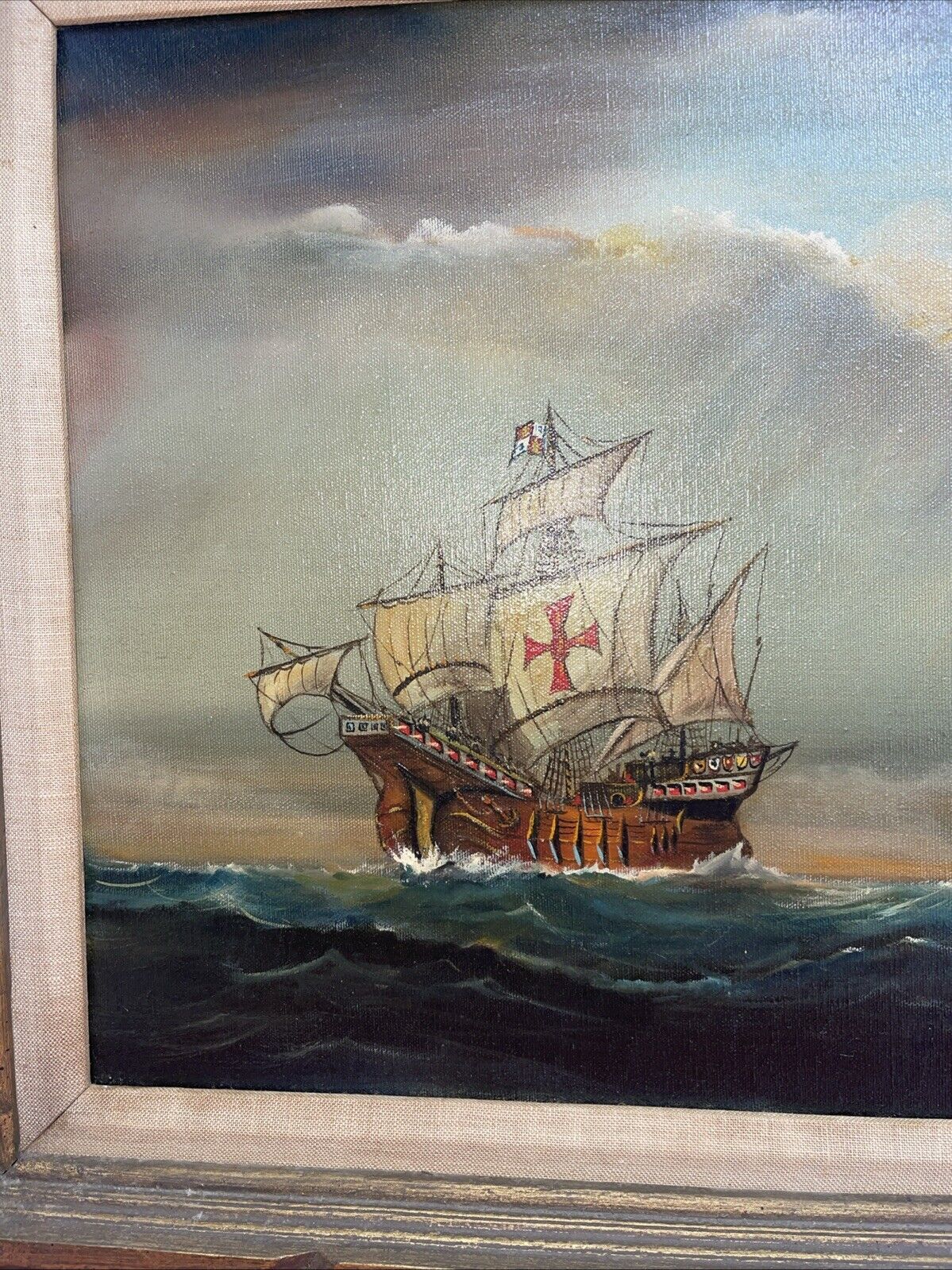 Vintage oil painting seascape ships signed by Lubar size 16”x31”