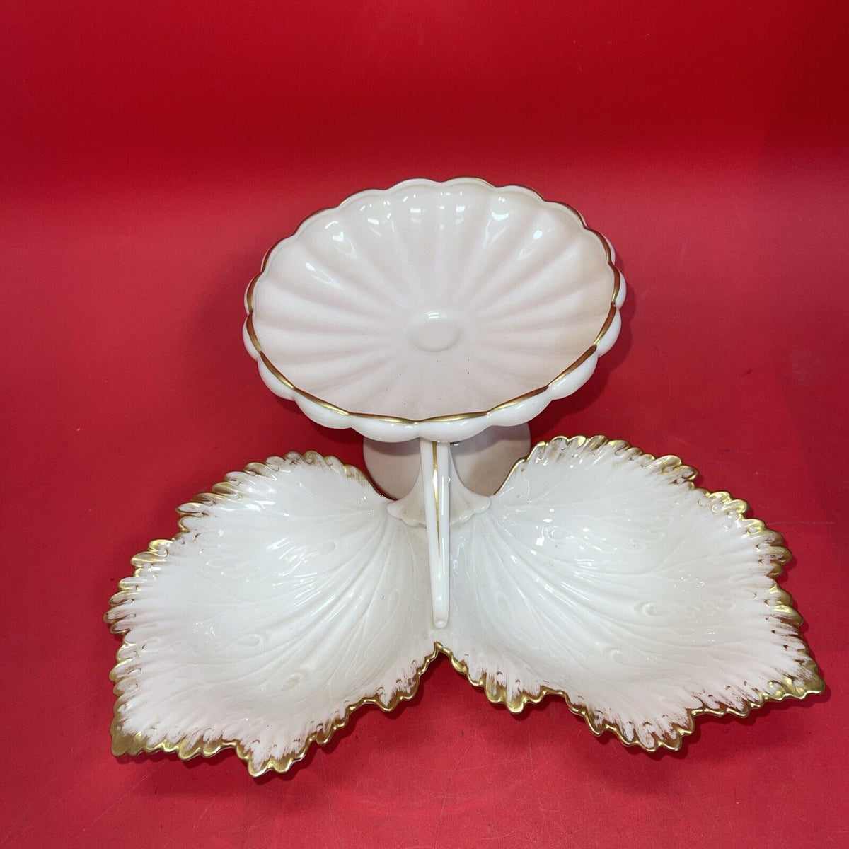 Lenox Ivory Double Leaf Candy Dish Bowl &  Ivory Pedestal Candy Dish Gold Trim