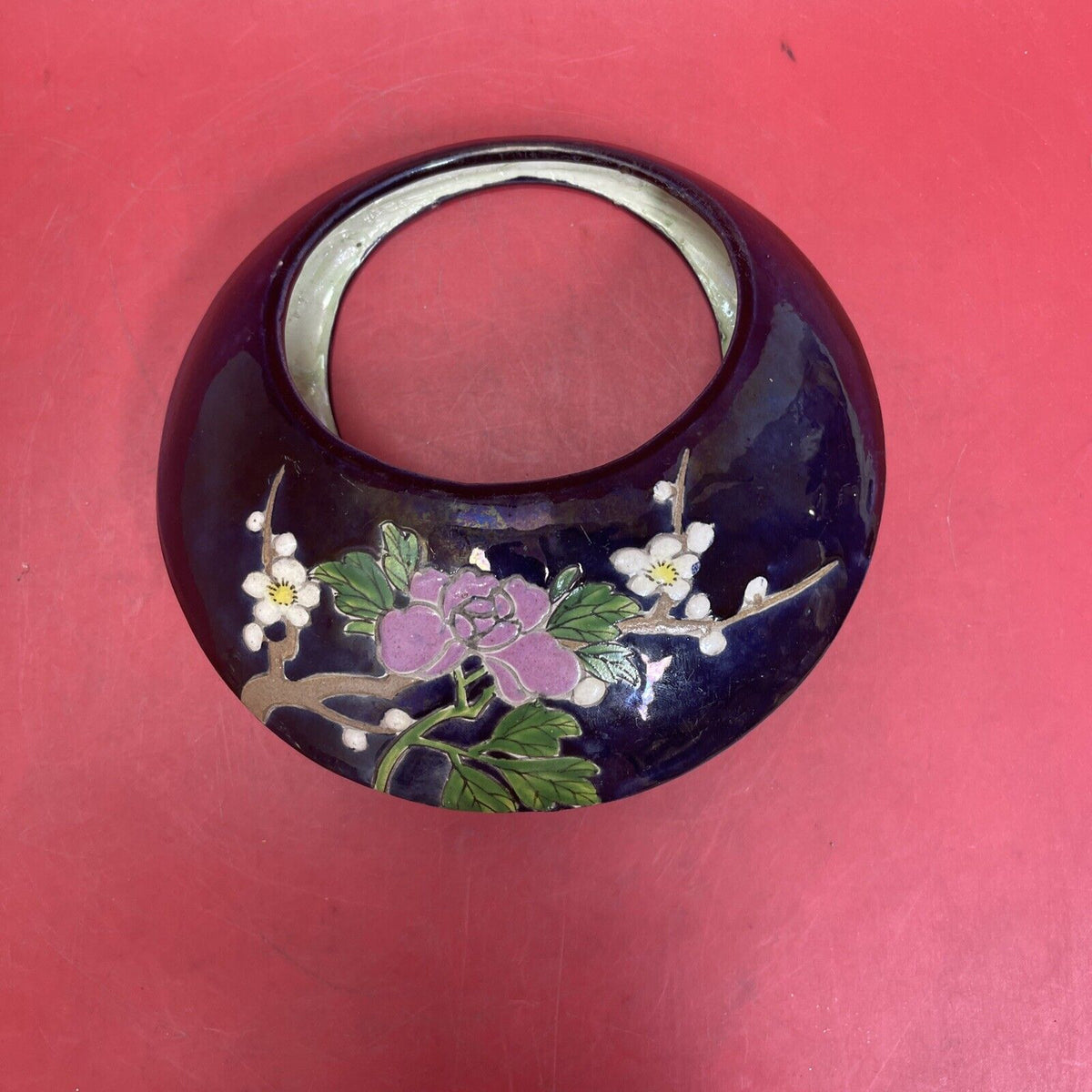 Japanese vase in the shape of a crescent, vintage embossed flowers