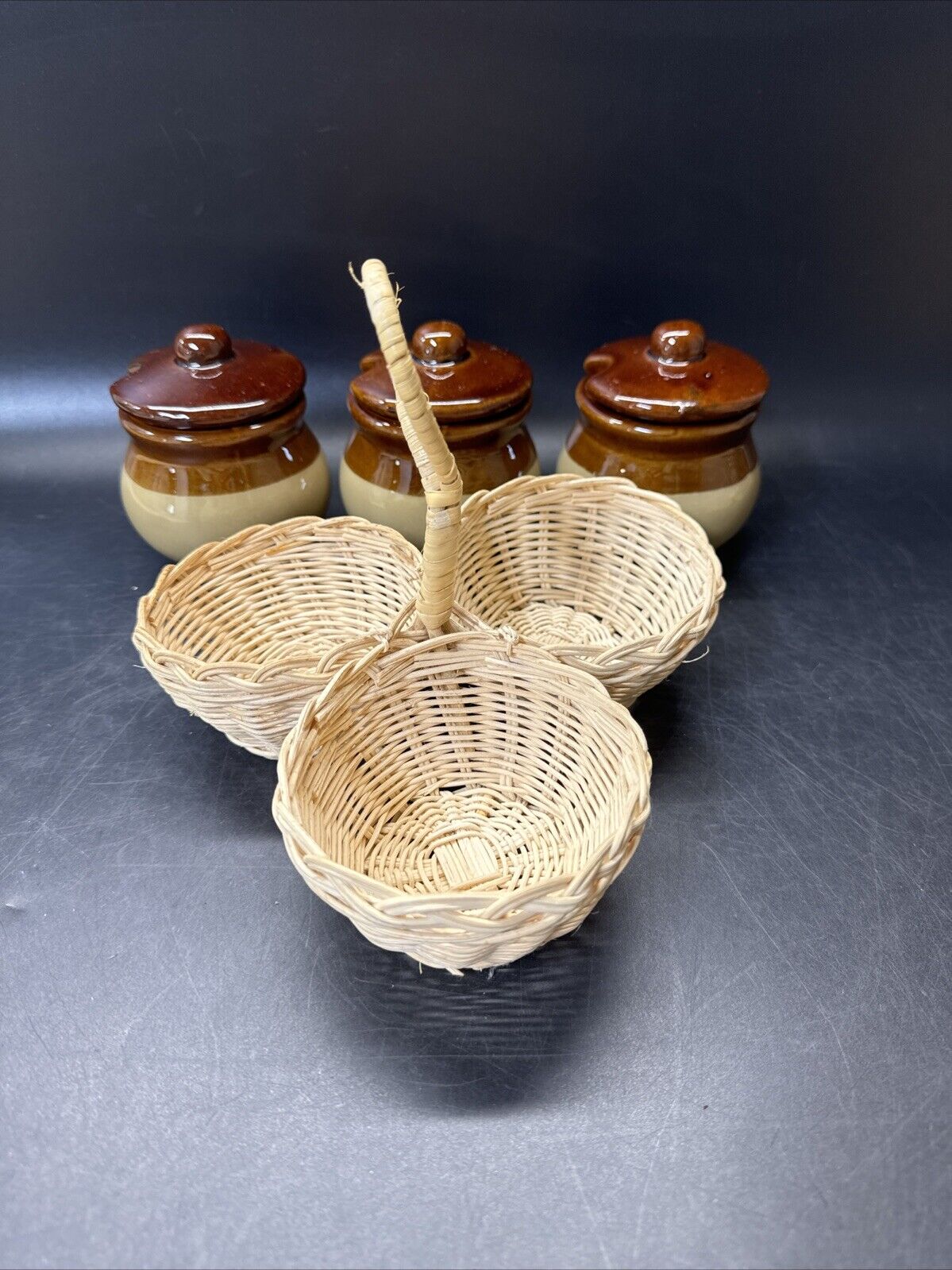 Vintage Rattan Condiment Caddy w/ 3 Stoneware Crocks