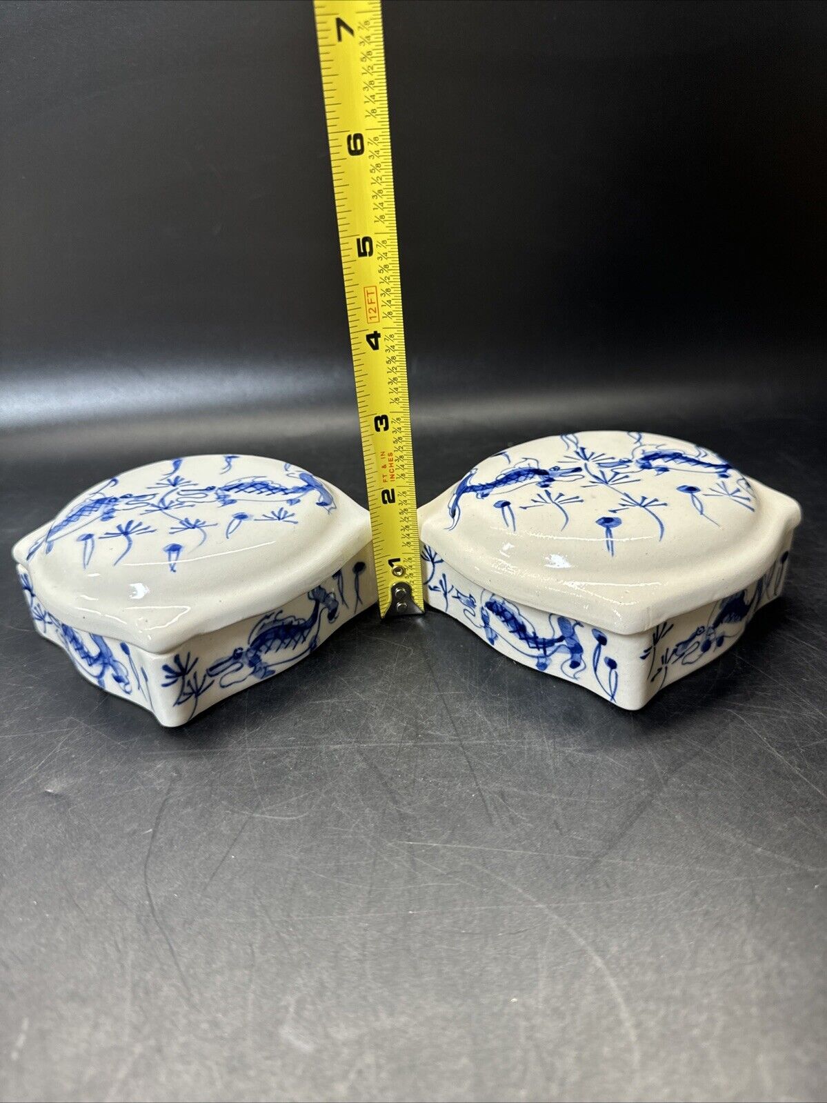 Vintage Koi Fish Trinket Dish w/Lid- Blue on White/ Lot Of 2