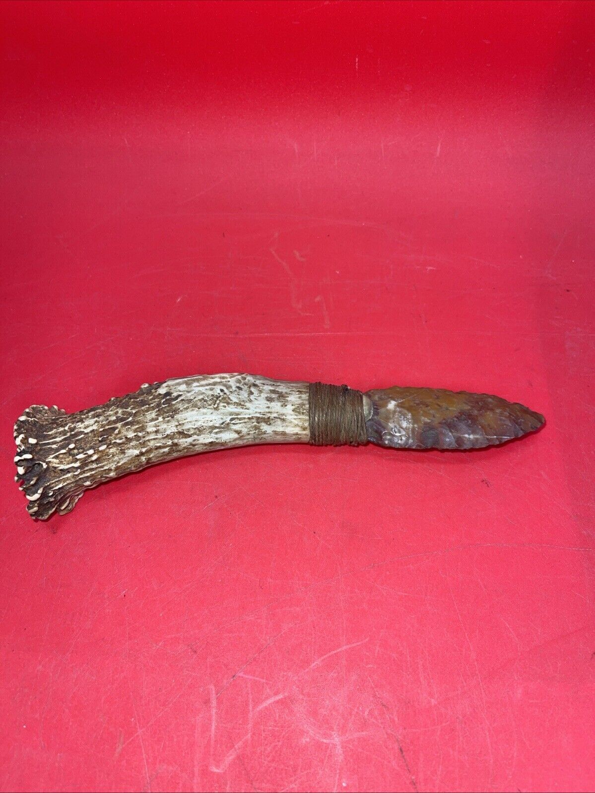 Antique Flint Knife with Deer Antler Handle,  Carving  Indian Face