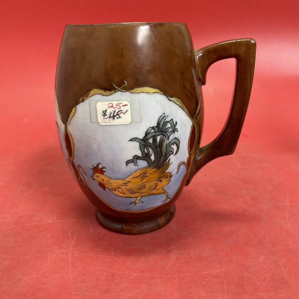 VIENNA AUSTRIA Factory of Count Thun MUG VASE BROWN ,Rooster Antique around 1890