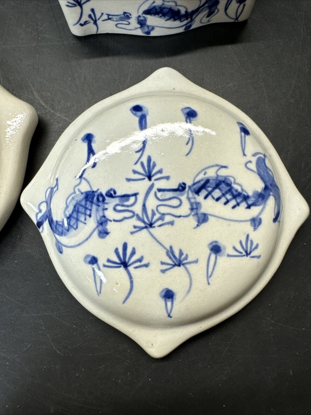 Vintage Koi Fish Trinket Dish w/Lid- Blue on White/ Lot Of 2