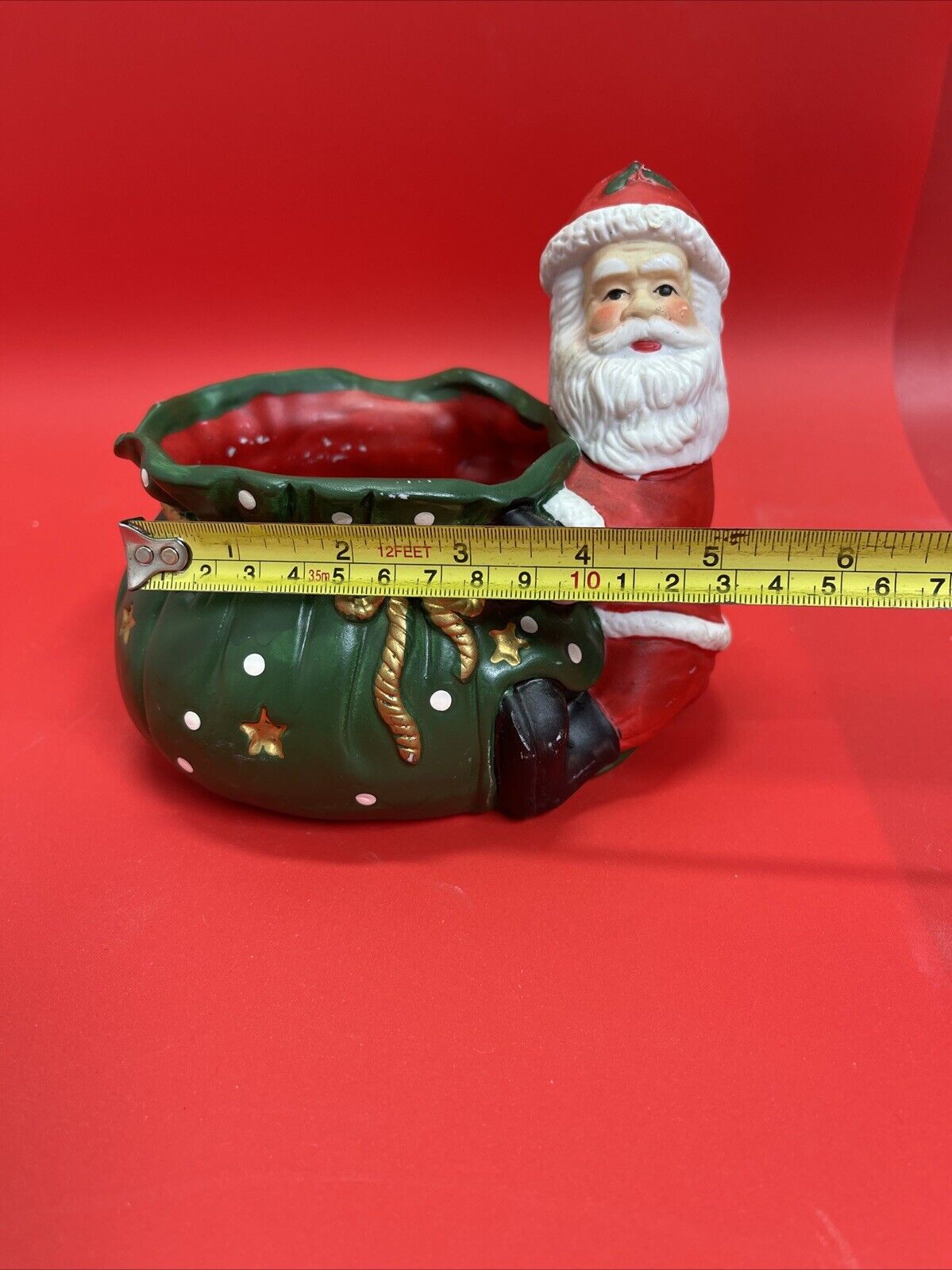 VINTAGE CHRISTMAS SANTA W/LARGE TOY GIFT SACK BAG CERAMIC CANDY DISH PLANTER