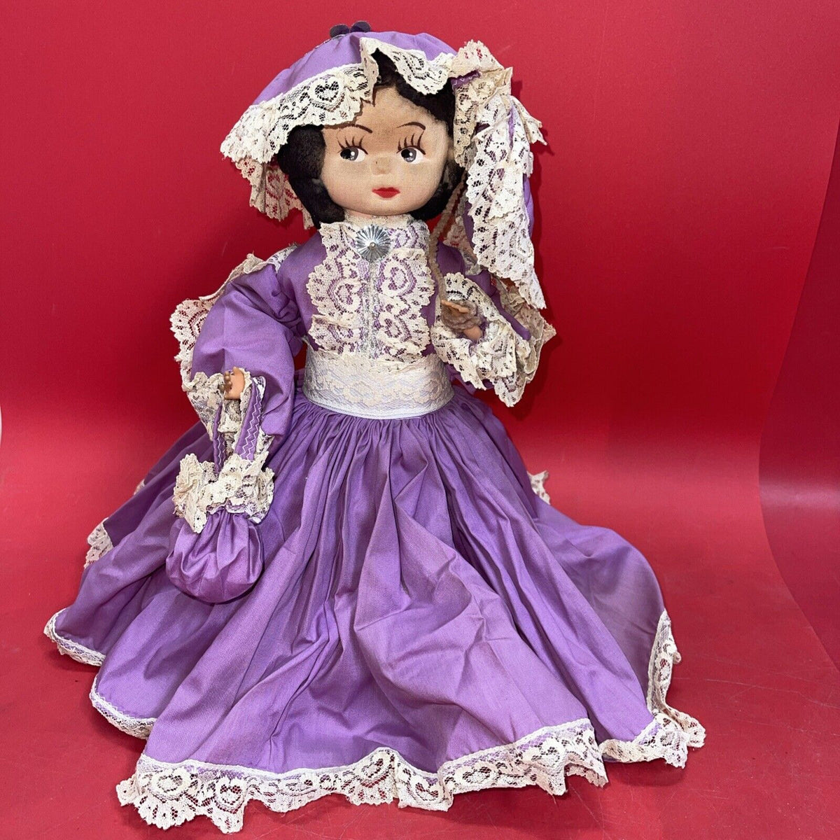 Vintage Fabric Cloth Small 12" Doll Toy Hand Painted Lace Dress Purple