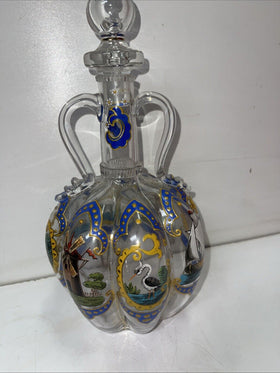 Vintage Italian Dutch Hand Painted Art Glass Decanter With Handles