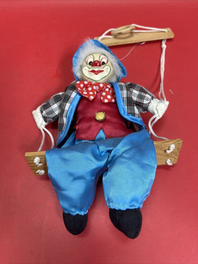 Clown Marionette Puppet With Porcelain Face On Swing 9” Figure