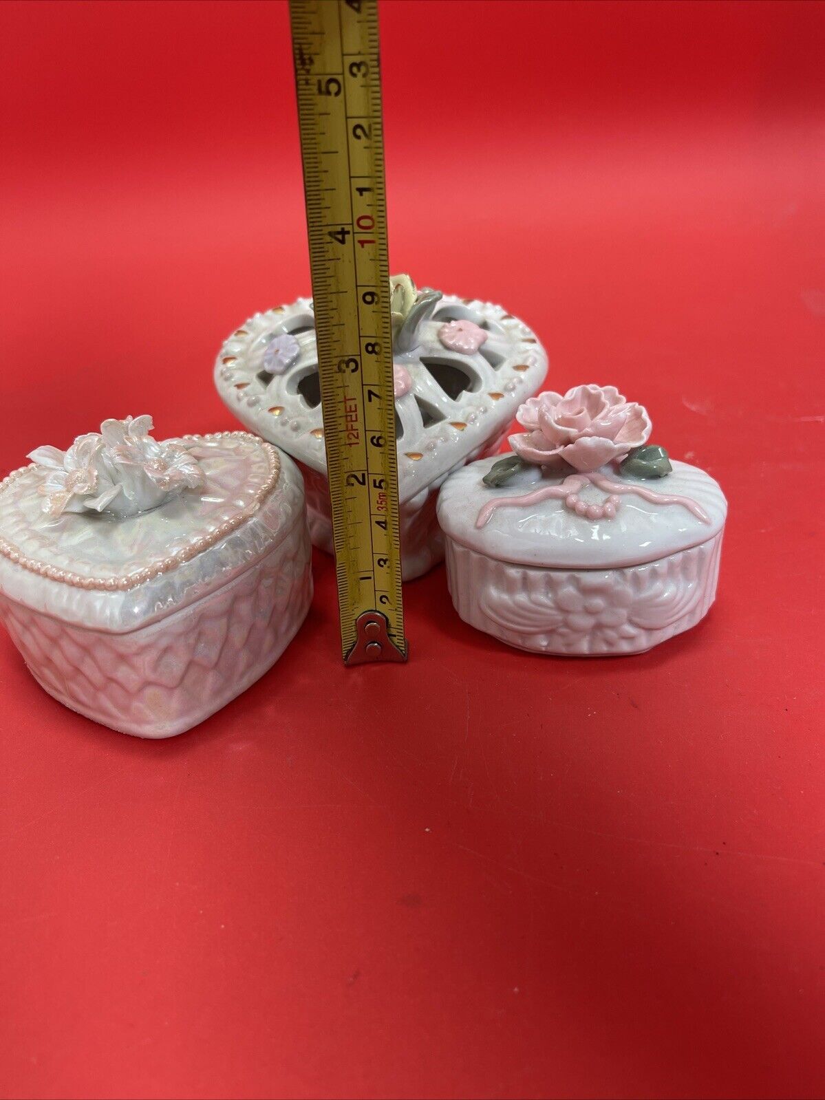 Lot Of (3) Porcelain Floral Jewelry Dishes With Lids