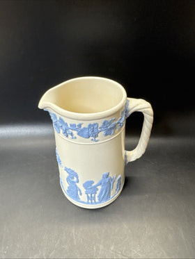 WEDGWOOD Embossed Queen’s Ware BLUE ON CREAM SMALL TROJAN JUG 5.5”