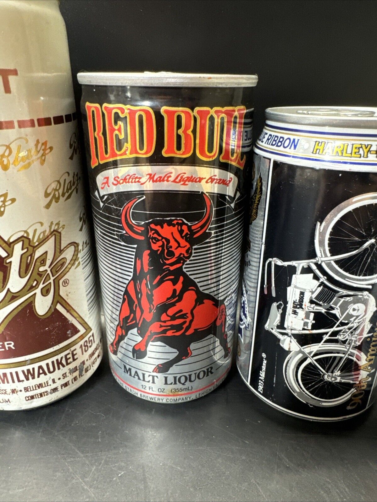 Vintage Beer Cans- Blatz, Red Bull, Billy, Harley Davidson,…/ Lot Of 7