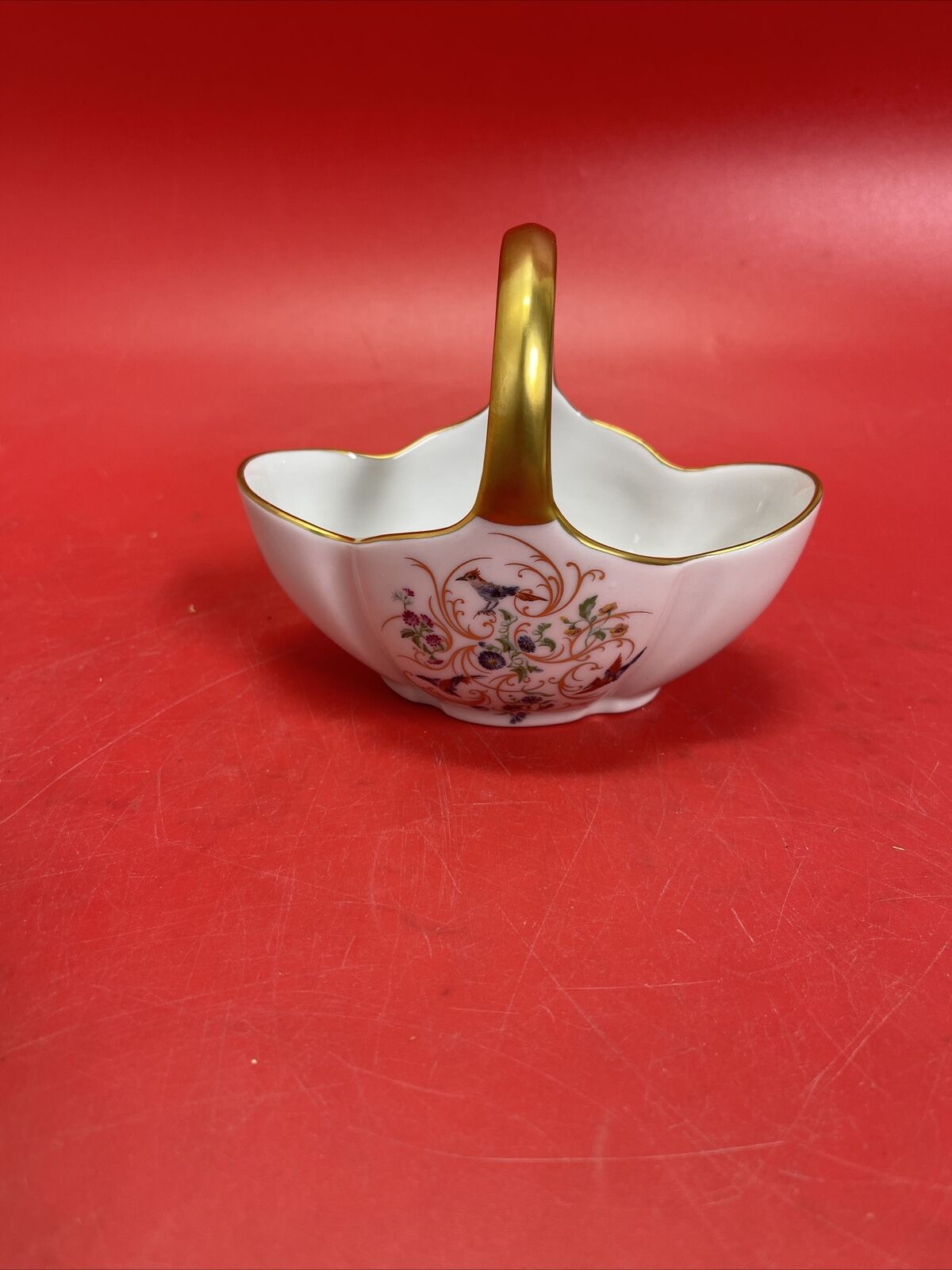 Vintage Limoges Castel France Porcelain Handled Basket Floral Birds Gilt 