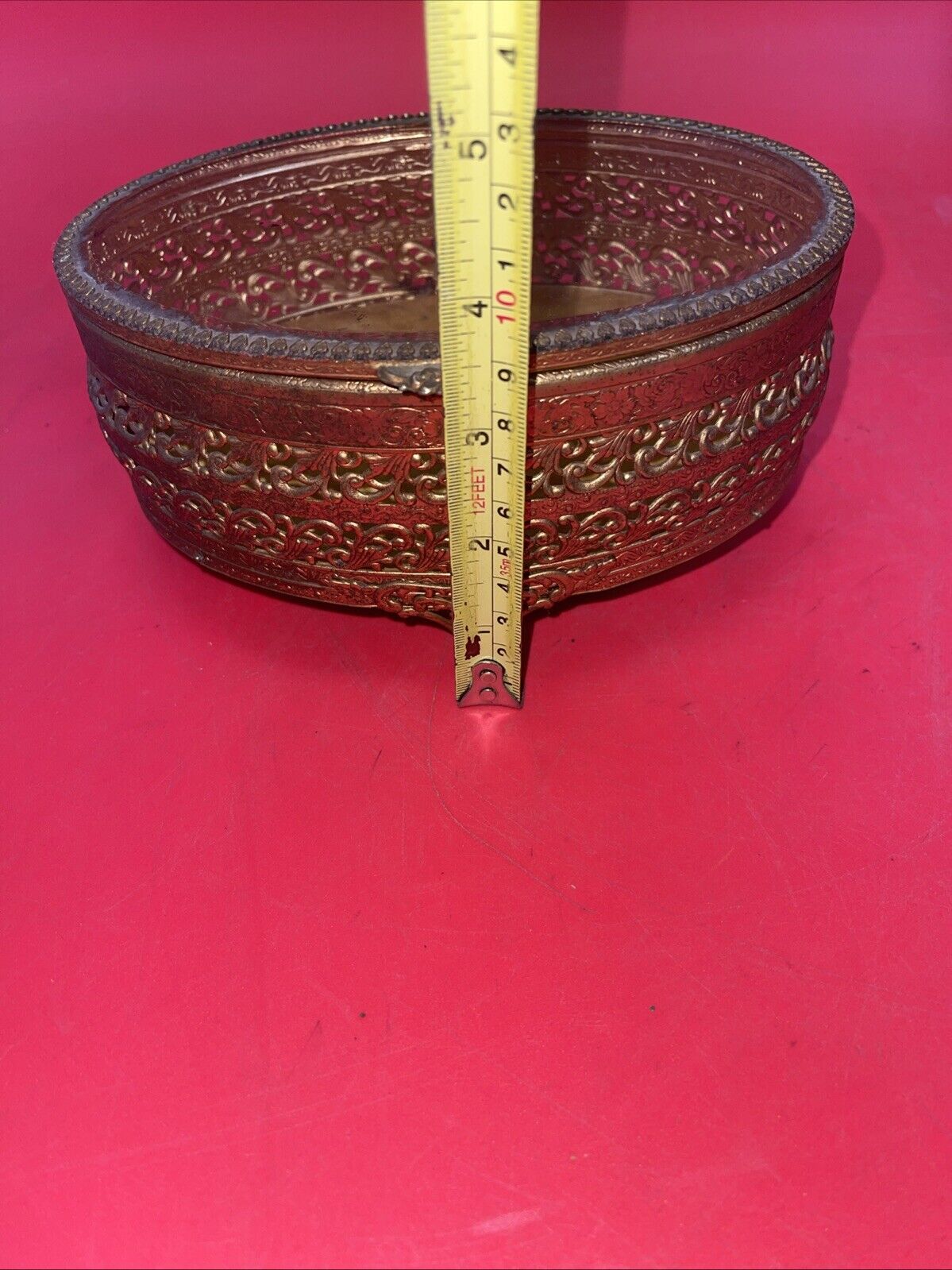 Vintage Gold Ormolu Oval Jewelry Casket Box Gold Velvet Beveled Glass Top 7”