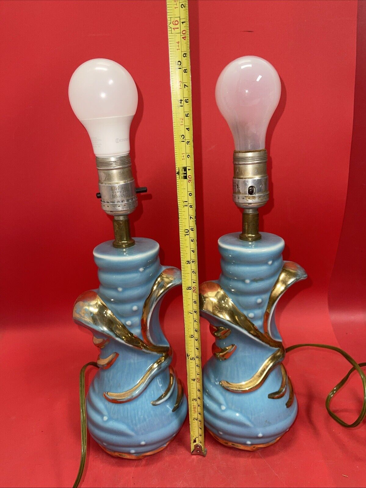 MCM Vtg C. Miller 1956 Ceramic Table Lamp 9" Blue w/ Gold Lot 2