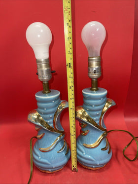 MCM Vtg C. Miller 1956 Ceramic Table Lamp 9" Blue w/ Gold Lot 2