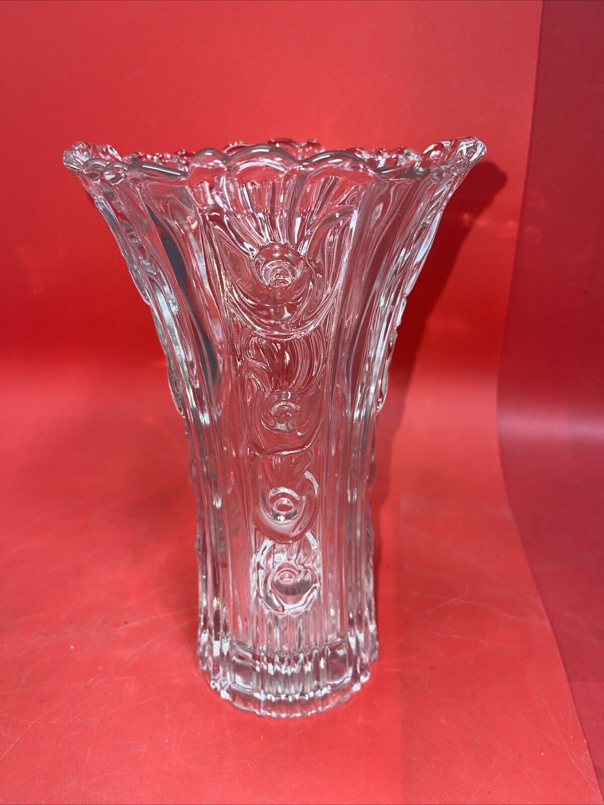 Vintage Italian Tall/Heavy Clear Glass Vase with Floral Embellishment Lot 2