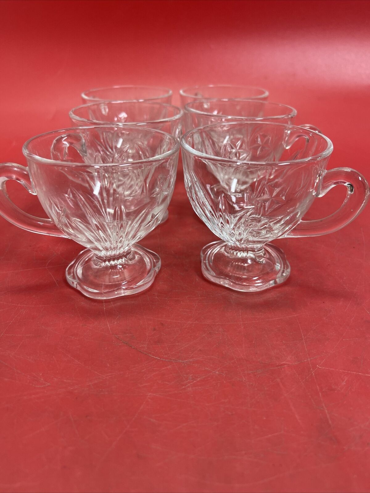 Vintage Pressed Glass Scalloped Hexagon Footed Punch / Cocktail Cups Lot 6